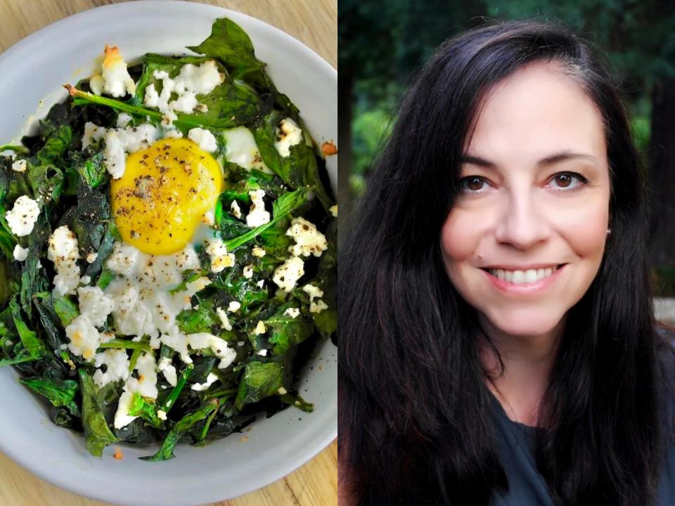 A composite of a bowl of baked spinach, feta, and egg next to a headshot of Elena Paravantes smiling.