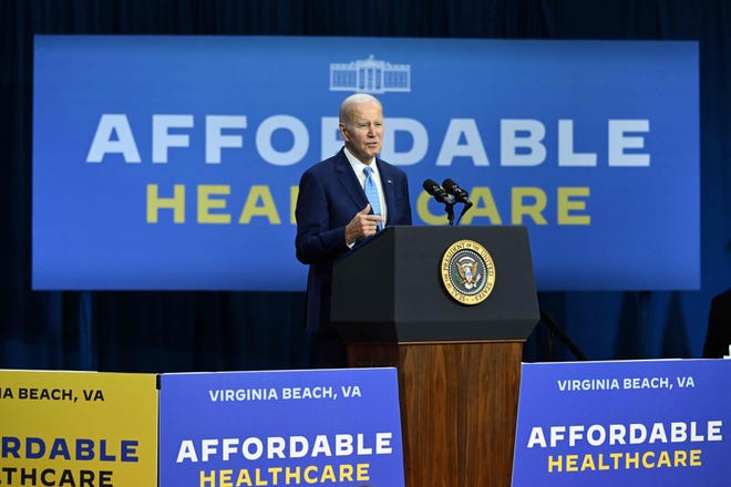 President Joe Biden delivers remarks on his plan to protect Americans access to affordable health care in Virginia Beach, Virginia, on Feb. 28, 2023.